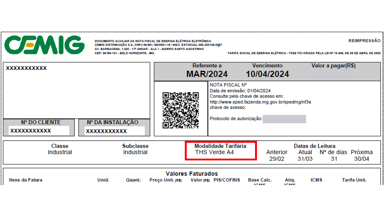 Exemplo de fatura destacando o Grupo A (Cemig)